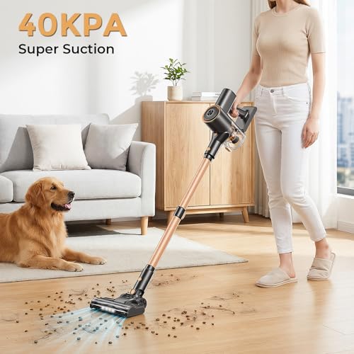 Cordless Vacuum Cleaner, Stick Vacuum with LED Display, Real-Time Battery Level Rechargeable Cordless Vacuum with 2 Adjustable Suction Modes, 40 Mins Runtime Handheld Vacuum for Home（Rose Gold）