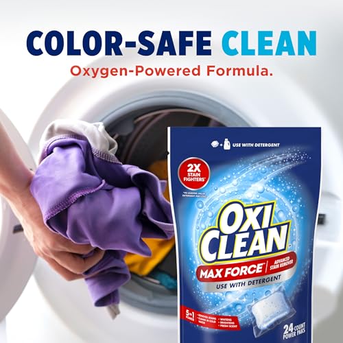 OxiClean Max Force Advanced Stain Remover Power Paks, Color-Safe, Bleach-Free Kids and Baby Essential, Use with Detergent to Remove Messy Stains like Berries, Juice, Mud, Grass, 24 Count
