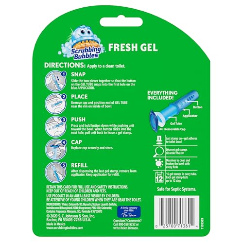 Scrubbing Bubbles Fresh Gel Toilet Bowl Cleaning Stamps, Automatic & Continuous Bathroom Toilet Cleaner Helps Prevent Limescale & Rings, Rainshower Scent, 1 Dispenser with 6 Stamps (6 Count)