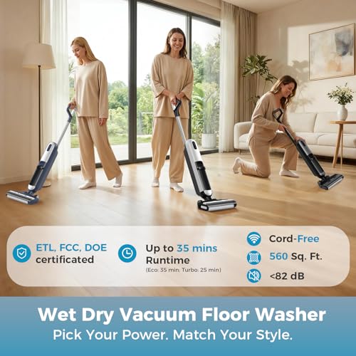 DUMOS Wet Dry Vacuum Mop, Cordless All-in-One Floor Cleaner with Auto Self-Cleaning, Dual-Edge Cleaning, Tangle-Free Brush & Dual Water Tank Design, 35-Min Runtime for Hard Sticky Messes & Pet Hair