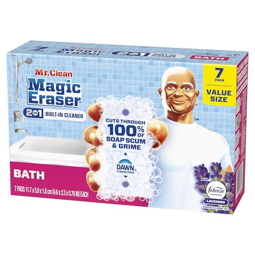 Mr. Clean Magic Eraser Sponge, Bathroom Cleaner, Shower Cleaner, Tub Cleaner, Soap Scum Remover, Bathroom Cleaning Supplies, Dawn Cleaning Power with Febreze Lavender Scent, 2 in 1 Bath, 7ct