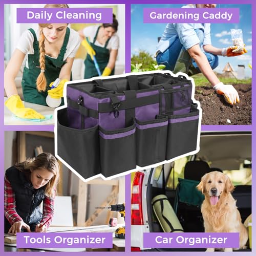 SCAVATA Wearable Cleaning Caddy, Cleaning Caddy Supplies Organizer with Handle & Shoulder Straps for Housekeepers, Under Sink & Car Cleaning Tool Organizers Bag with 4 Foldable Divider (Purple)