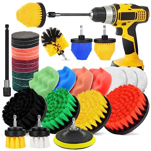 30Pcs Drill Brush Attachment Set,Drill Scrubber Brush Kit Include Scrub Pads, Sponge, Extend Attachment, Drill Cleaning Brush Attachment Set for Bathroom, Tub, Tile, Corner, Floor, Grout, Boat