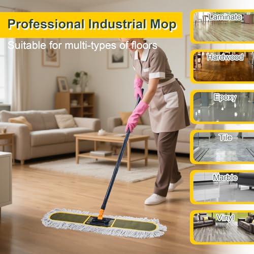 Ylebs 24" Commercial Dust Mops for Floor Cleaning with 2 Replacement Mop Pads, Heavy Duty Large Dust Mop for Hardwood Floors, Industrial Wet Dry Floor Duster for Office Garage Warehouse Factory Mall