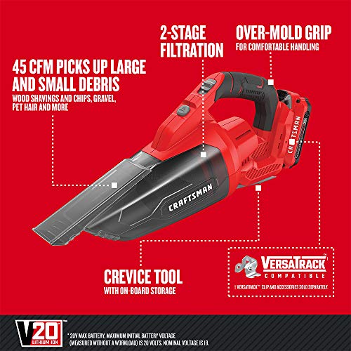 CRAFTSMAN V20 Cordless Hand Vacuum, 45 CFM, 2 Stage Filtration System with Filter, Battery and Charger Included (CMCVH001C1)