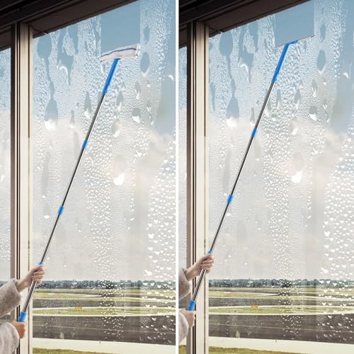 Mitclear Window Cleaner with Long Handle(57IN), Glass Cleaning Tools with Silicone Squeegee & Microfiber Scrubber, Window Cleaning Kit for Shower Glass Mirror Door Car