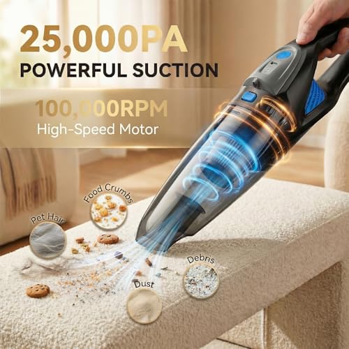 Handheld Vacuum Cordless, 25000Pa Powerful Suction Car Vacuum Portable Cordless with 8000mAh Battery & LED Light, Hand Held Vacuum Rechargeable with HEPA Filters, Home, Car Seats, Pet Hair Blue