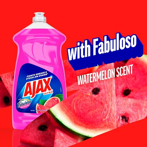 Ajax Ultra Liquid Dish Soap with Fabuloso Watermelon Scent, Fights Grease and Stuck-On Stains, Deep Cleaning Action, Mess-Free, Easy-Flip Cap, 52 fl oz Bottle