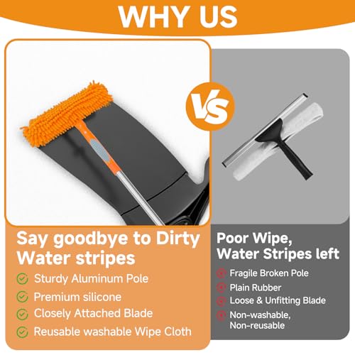 67" Squeegee Window Cleaner 2 in 1 Rotatable Window Cleaning Tool Kit with Extension Pole, Window Washing Equipment with Bendable Head for Indoor & Outdoor High Windows and Car Glass