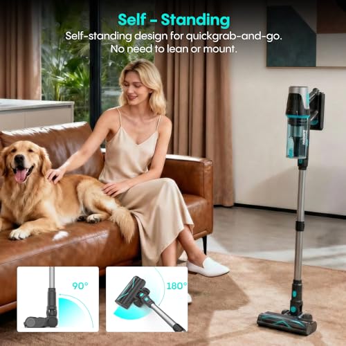 Bagotte Cordless Vacuum Cleaner,65KPa 65Mins Stick Vacuum with Self-Standing,Anti-Tangle Touch Screen LED Display, Detachable Battery Pack, Rechargeable Vacuum for Floor/Carpet/Pet Hair