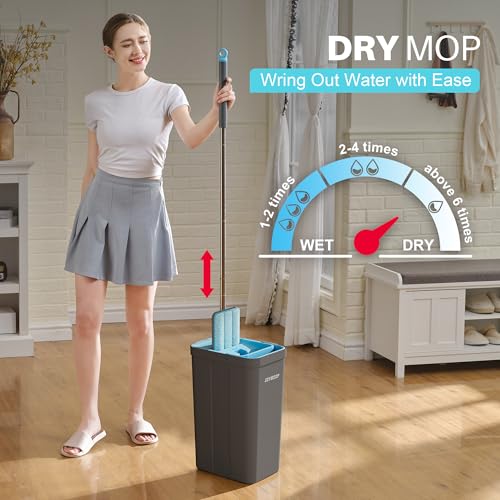 JOYMOOP Mop and Bucket Set, Mops for Floor Cleaning, Wall Mop Cleaner with Long Handle, with 4 Reusable Microfiber Mop Pads - Grey+Cyan Blue