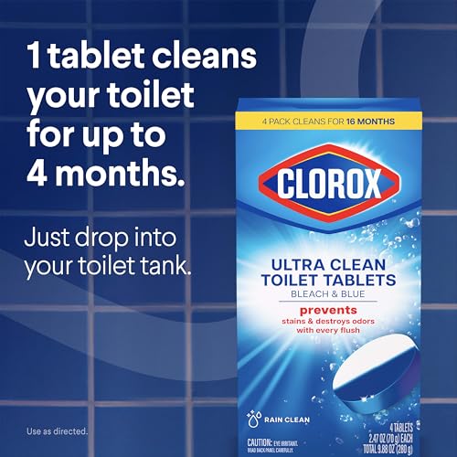 Clorox Ultra Clean Toilet Tablets Bleach & Blue, Rain Clean Scent, Toilet Cleaner Kills 99.9 Percent of Bacteria with the Power of Clorox Bleach, 2.47 oz., 4 Count