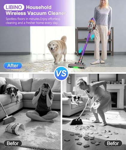 LIBINO Cordless Vacuum Cleaner, 650W 55KPA 70Mins Anti-Tangle Wireless Vacuum,Rechargeable Vacuum with Green Light,Powerful Stick Vacuum for Home Carpet/Hardwood Floors,Purple