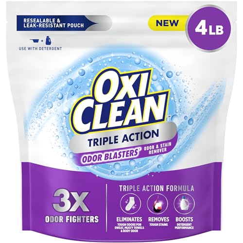 OxiClean Triple Action Odor and Stain Remover Powder, Use with Detergent, Eliminates Tough Odors and Removes Stains, Color Safe and Chlorine Free, 4 lbs