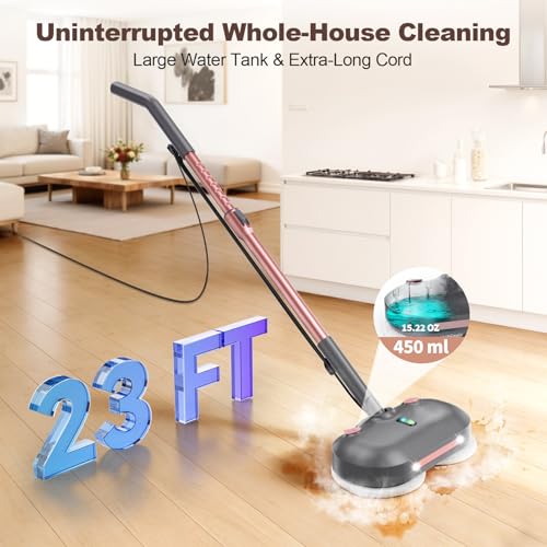 Scrub & Steam Mop with Rotating Mop Pads, All-in-One Scrubbing and Sanitizing Floor Cleaner, XL Water Tank, 23FT Cord, LED Headlights,Self-Standing for Hard Floor Laminate Marble Floors