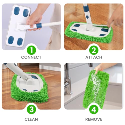 ZHAYAO Reusable Microfiber Floor Mop System, Wet & Dry Sweeper Kit, Includes 1 Sweeper Handle, 3 Washable Chenille Mop Pads, Dry & Wet Use for Hardwood, Tile, and Laminate Floor, Blue