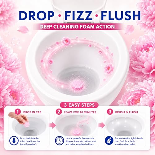 Astonish Toilet Bowl Cleaner Tablets, 8 Count – Fizzing Drop In Tabs Remove Limescale, Calcium & Rust – No Scrub Foaming Action, Vegan & Cruelty Free, Fresh Peony Scent