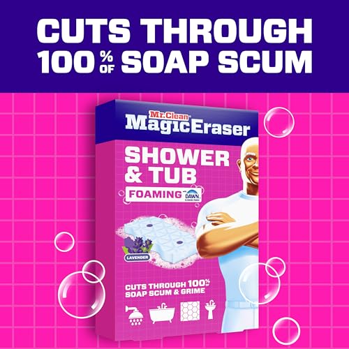 Mr. Clean Magic Eraser Sponge, Bathroom, Shower, Tub Cleaner, Soap Scum Remover, Bathroom Cleaning Supplies, Dawn Cleaning Power with Lavender Scent, Shower & Tub, 6ct