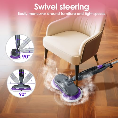 BOJUK Scrub & Steam Mop with Rotating Mop Pads, 4 Cleaning Modes & LED Headlights, 6 Scrub Pads, Large Tank, Swivel Steering, All-in-One Hard Floor Cleaner