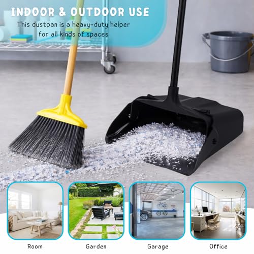 Dustpan with Long Handle, 37’’ Upright Dust Pan, Heavy Duty Standing up Dustpans for Indoor, Outdoor, Home, Office, Commercial, Industrial, Shop