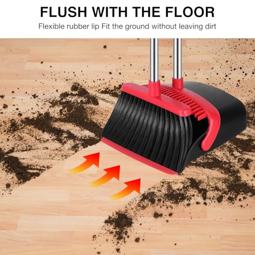 NACENA Broom and Dustpan Set, 52-in Long Adjustable Handle Broom Dustpan Combo with Dustpan Teeth to Automatically Clean Hair Suitable for Home Kitchen Office Hall Floor（Black&Red）