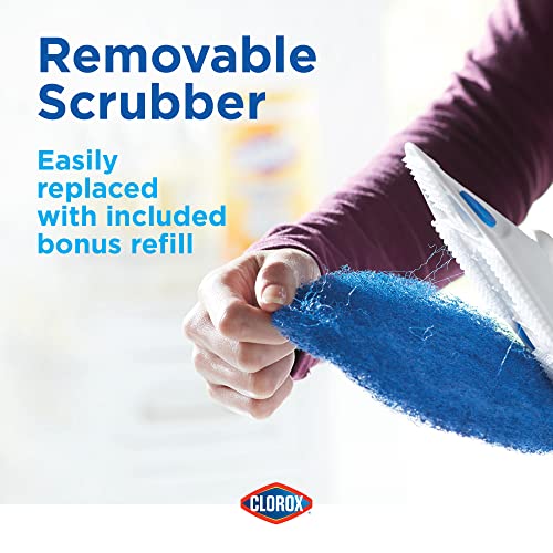 Clorox Extendable Tub & Tile Scrubber with Polyurethane Head – Heavy Duty Bathroom Cleaning Brush with Bonus Refill, Pivoting Head, Replaceable Pad, Works with Clorox Wipes