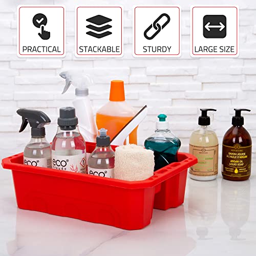 CANOPUS Storage Tray Tote with Functional Holes - 2 PCs Plastic Cleaning Caddy with Handle, Portable Caddy, Undersink Storage for Kitchen, Shoe Cleaning Box, Products Organizer, Red