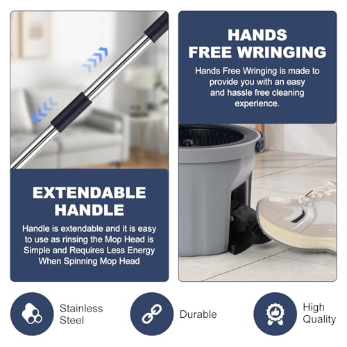 Spin Mop and Bucket Set 180° Swivel Mop Head Adjustable Telescopic Handle Dual Chamber Bucket 3 Refills Dual-Action Wringing Hand-Press Foot-Peda Hands-Free Self-Cleaning System for All Floor Types