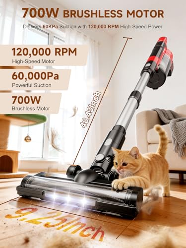 60KPa Cordless Vacuum Cleaner for Home, 700W Pet Vacuum, 70-Min Runtime, Lightweight, Rechargeable 8000mAh Dual Batteries, 2L Dust Cup, LED Display, Anti-Tangle for Pet Hair, Carpet & Hardwood Floors
