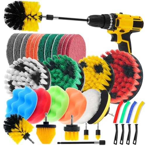 TOWBRUS 32 Pack Drill Brush Attachments Set Scrub Pads Sponge Buffing Pads Crevice Cleaning Brush for Home Bathroom Car Kitchen Corners Sink Stubborn Stains Tiles Car Polishing Kit
