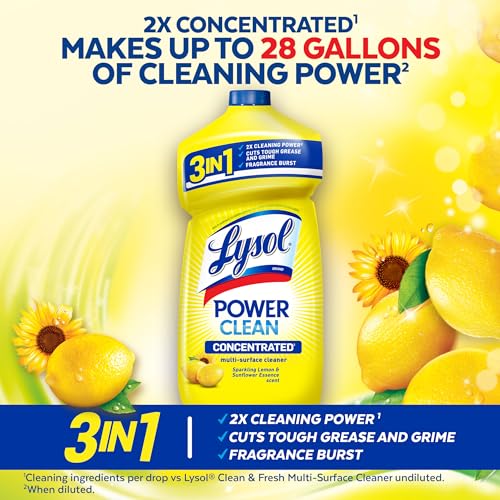 Lysol Power Clean Multi-Surface Cleaner, 2x Concentrated Pour, Sparkling Lemon & Sunflower Essence scent, 28 Fl Oz (Packaging May Vary)