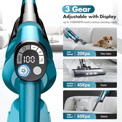 denqir 700W Cordless Vacuum Cleaners for Home with 2*Battery 8000mAh,Brushless Rechargeable Stick Vacuum with 3 Mode, 6 in 1 Portable Handheld Cordless Vacuum for Pet Hair/Hardwood Floor/Dorm (Blue)
