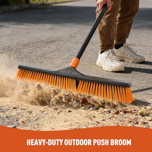 CLEANHOME 24”Push Broom Brush for Floor Cleaning with 65” Long Handle and Stiff Bristles, Heavy Duty Brush for Shop, Deck, Garage, Concrete,Indoor and Outdoor Broom,Orange