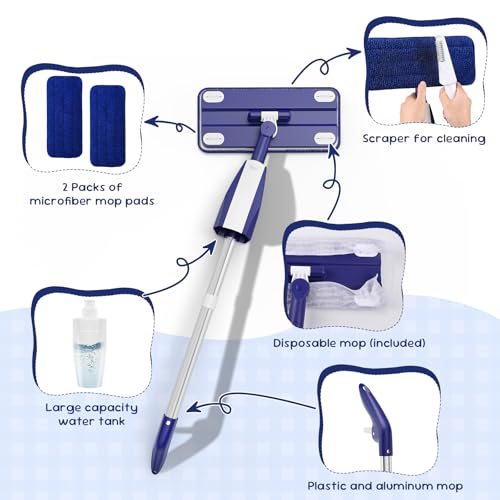 Kids Spray Mop - Chores Chart Set Montessori Cleaning Toy Set with Real Water Sprayer 2PCS Washable Pads and 10PCS Disposable Mop Pads for Ages 3-8 (Blue)