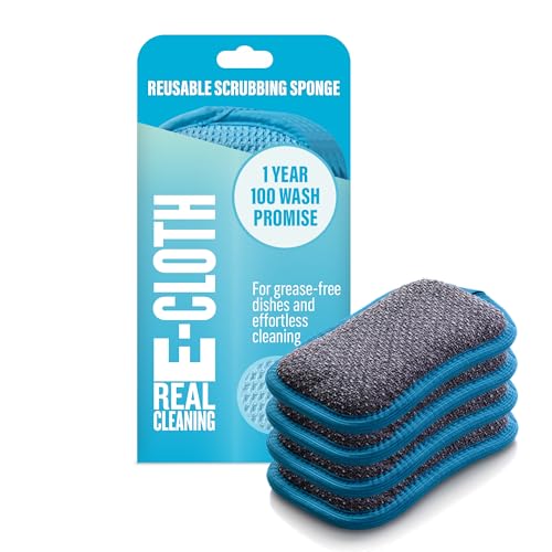 E-Cloth Washing Up Scrub Pad - Microfiber Sponge for Cleaning, Reusable Kitchen Sponge for Dishes & Sink, Non Scratch, Multi Purpose Scrubber, Machine Washable - 4 Pack
