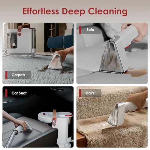 WURESE Portable Carpet Cleaner Machine, 15KPa Powerful Upholstery & Spot Cleaner for Pet Stains, Couches, Stairs & Car Seats – Handheld Deep Cleaner with Self‑Cleaning System & 2 Brushheads, Crimson