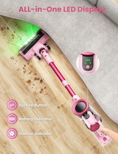Dzaki Cordless Stick Vacuum Cleaner, 50KPa Brushless Motor Vacuum with Anti-Tangle, LED Display, 55-Min Runtime & Detachable Battery for Pet Hair, Carpet & Hardwood Floors (Cranberry)