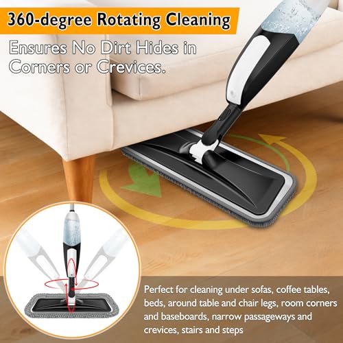 TRAV-ROUND Spray Mop for Floor Cleaning: Microfiber Wet Dry Mop for Hardwood Laminate Tile Wood Vinyl, 360° Swivel Head Lightweight Flat Floor Mops with 3 Washable Reusable Pads & Refillable Bottle