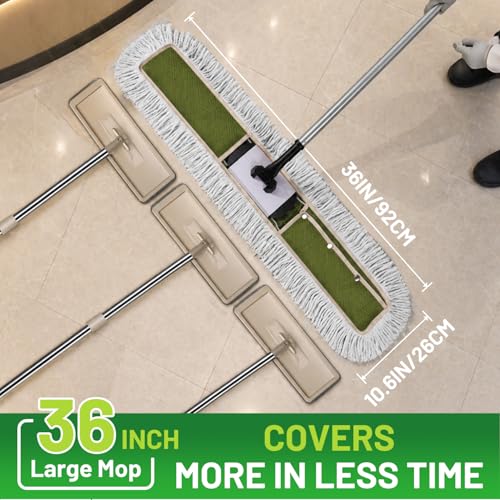36" Commercial Dust Mop for Janitor: Wide Dust Broom Heavy Duty Industrial Floor Duster with 2 Large Pads for Hardwood Concrete Dry Floor Cleaning Gym Warehouse Sweeping