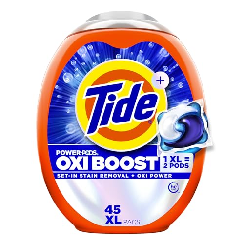 Tide Oxi Boost Power PODS Laundry Detergent Pacs, 45 Count, Set-In Stain Removal + Oxi Power, laundry soap detergent pacs