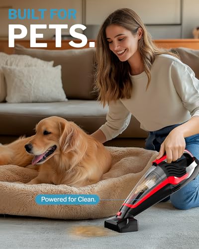 Powools Pet Hair Handheld Vacuum Cordless, Car Vacuum Rechargeable with Reusable Filters, Motorized Brush and Multi-Accessories for Carpet, Couch & Stairs, Red, 17.0"X 4.6"X 6.6"