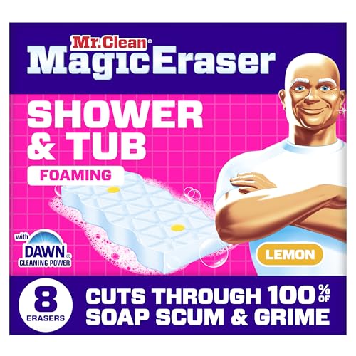 Mr. Clean Magic Eraser Sponge, Bathroom, Shower, Tub Cleaner, Soap Scum Remover, Bathroom Cleaning Supplies, Dawn Cleaning Power with Lemon Scent, Shower & Tub, 8ct