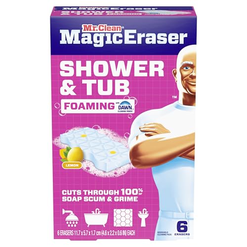 Mr. Clean Magic Eraser Sponge, Bathroom, Shower, Tub Cleaner, Soap Scum Remover, Bathroom Cleaning Supplies, Dawn Cleaning Power with Lemon Scent, Shower & Tub, 6ct