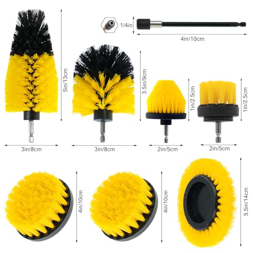 ETOUPA 8 Pcs Drill Brush Attachment Set, Power Cleaning Scrub Brush Kit with Extend Long Attachment, All Purpose Drill Scrub Brushes for Car, Grout, Floor, Tub, Bathroom and Kitchen (Yellow)
