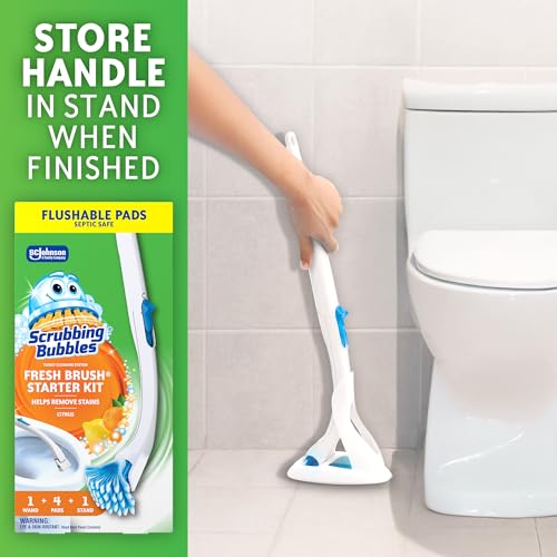 Scrubbing Bubbles Toilet Bowl Cleaning System with Flushable & Disposable Cleaner Refill Pads, Fights Odors and Helps Remove Limescale & Hard Water Stains, Citrus Scent, 1 Wand + 4 Refills + 1 Stand