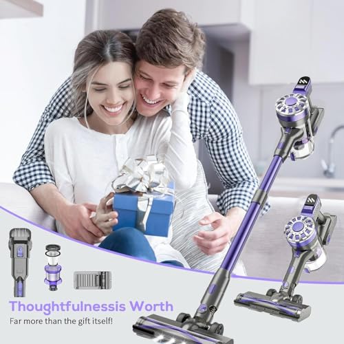 Cordless Vacuum Cleaner, 6 in 1 Lightweight Stick Vacuum with Rechargeable Battery, Handheld Conversion, LED Headlights & 180° Swivel Brush, for Hardwood Floor Carpet Pet Hair Stairs Car(Light Purple)