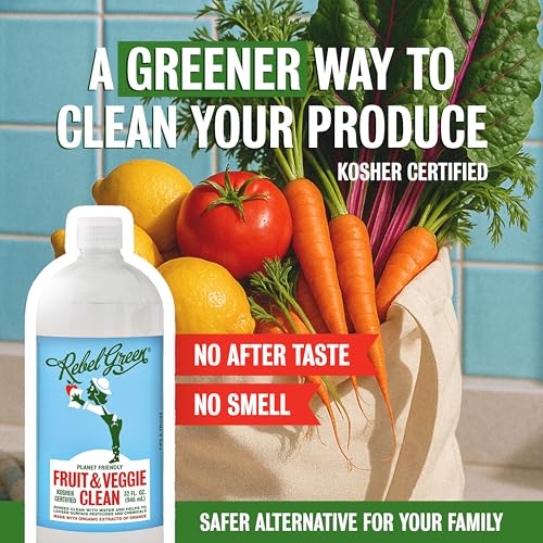 Rebel Green Fruit & Veggie Clean - Plant-Based Produce Cleaner - Natural Fruit and Vegetable Wash with No Aftertaste - Dirt & Grime Removal - Made with Organic Extracts of Citrus - 16 FL OZ