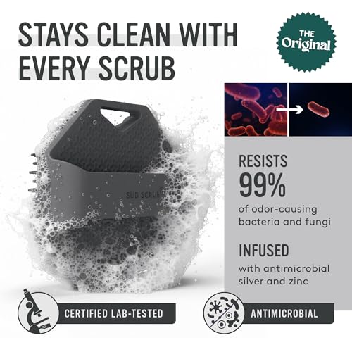 Sud Scrub® Antimicrobial Silicone Body Scrubber, Exfoliating Body Brush for Sensitive Skin, Antibacterial Shower Scrubber for Body, Bathroom Essentials for Men & Women, Charcoal