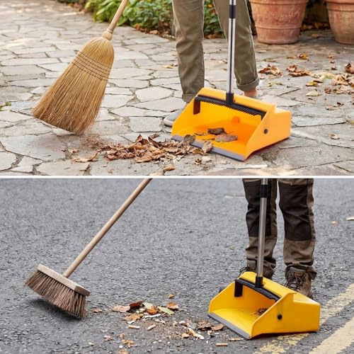 Didaey 1 Pcs Commercial Dustpan with Comb 38” Long Handle Upright Heavy Duty Dust Pan Outdoor Indoor for Courtyards Garages Lobby Mall Market Market Floors Office Pet Hair Rubbish Cleaning (Yellow)