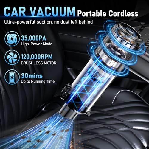 MZHSMZHR Car Vacuum Portable Cordless, 35000Pa High Power Brushless Motor Handheld Vacuum, 6-in-1 Rechargeable Mini Cleaner with Air Duster for Car, Home, Pet Hair, Keyboard, Graphite Grey